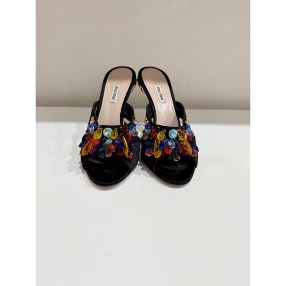 Miu Miu Crystal Embellished Metal Heel Satin Mules Heel Black Women's Size EU 41 - Picture 5 of 9